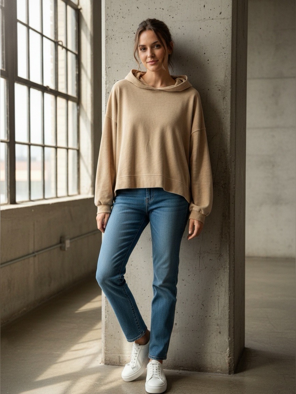 Aerie Velour Soft Oversized Pullover Hoodie Tan Lounge Sweatshirt Cozychic Large